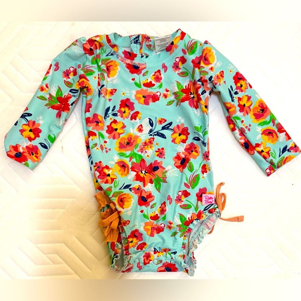 Ruffle Butts Floral Kids Rashguard Swimsuit | Blue and Orange | Sz 6-12 Months